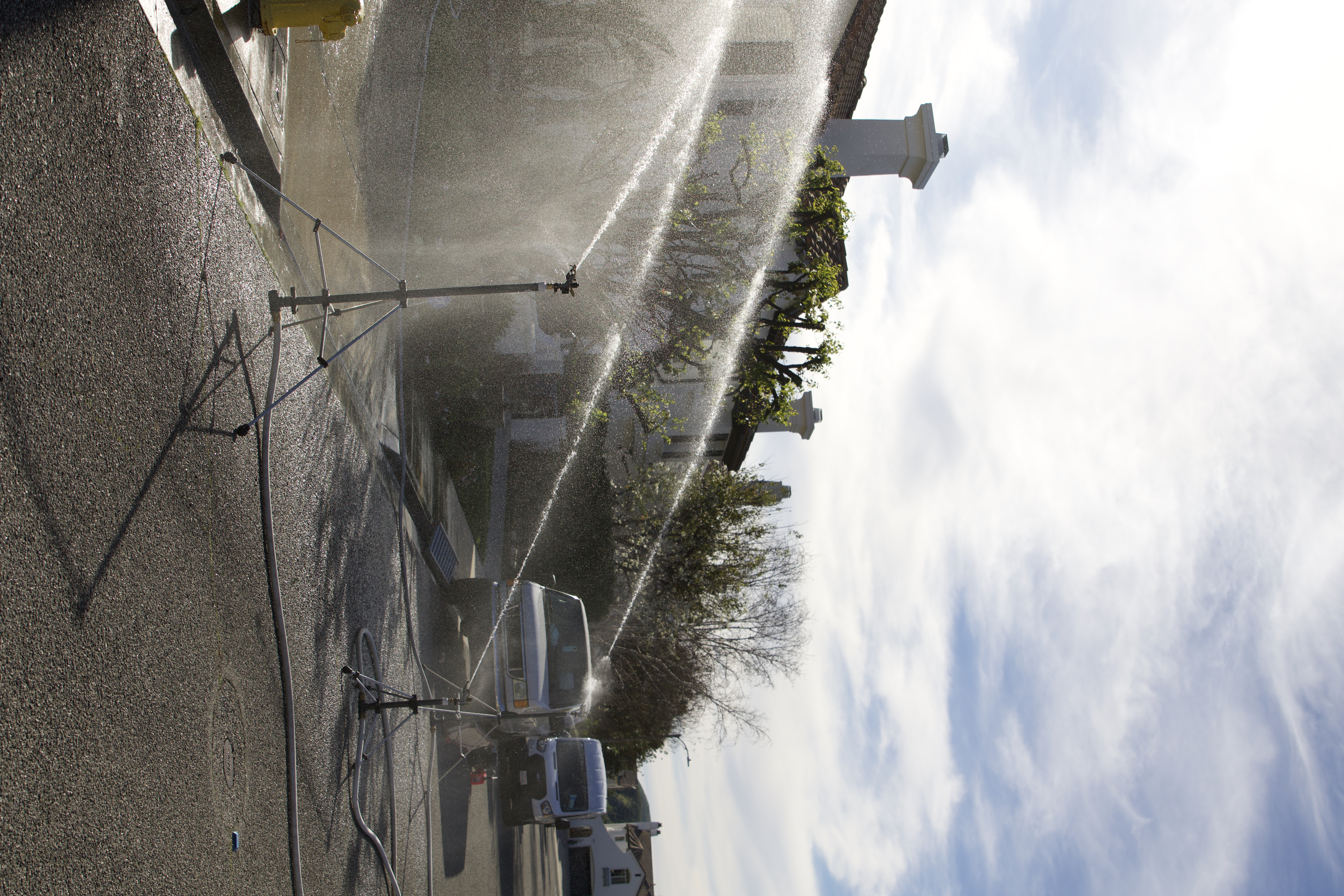 Attack tripod wildfire sprinklers lined up for deployment